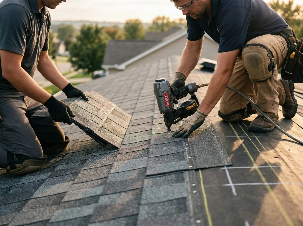 Professional roofer working on a residential roof in East Lansing